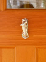 Wire Haired Dachshund Solo Door Knocker, nickel, on Door (close up)